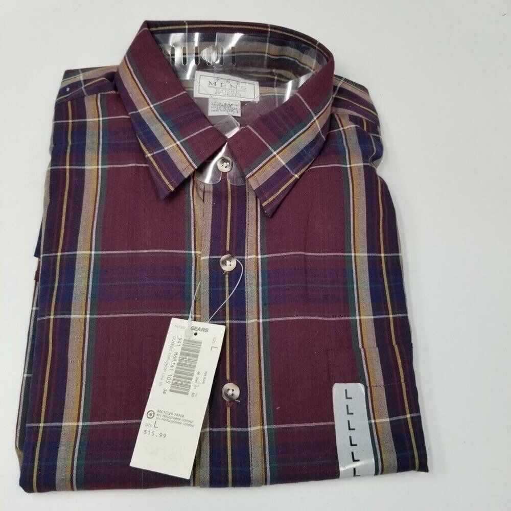 Vintage The Mens Store Sears Mens L Dress Shirt Red Blue Plaid Long Sleeve New